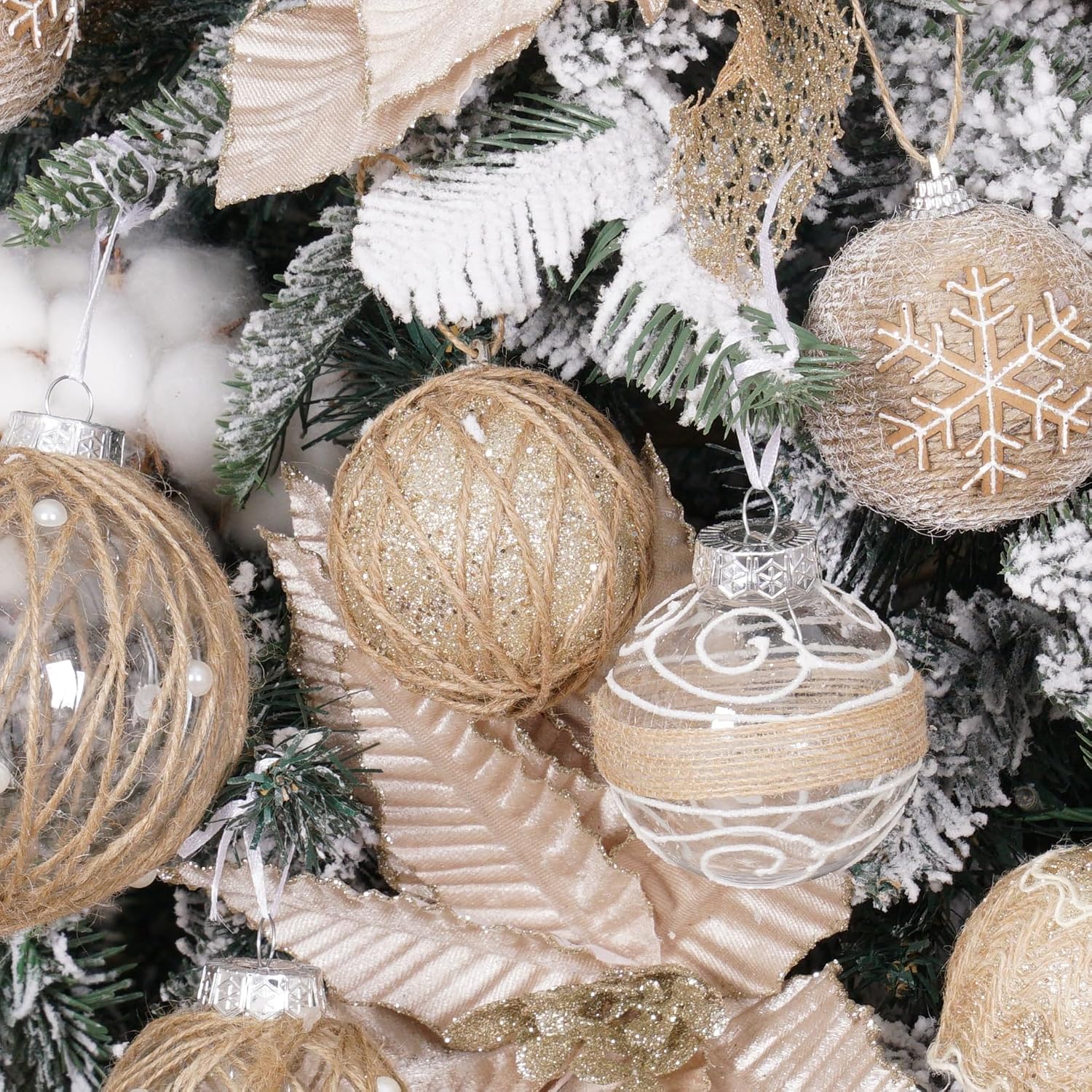 XmasExp Farmhouse Christmas Ball Ornaments Set-70mm/2.76" Shatterproof Rustic Xmas Tree Hanging Decoration (12 Counts,Beige & Champagne)