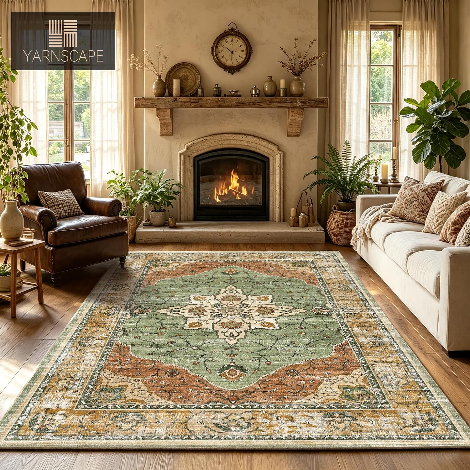 YARNSCAPE 6' x 9' Machine Washable Area Rug, Non-Slip Low-Pile Carpet