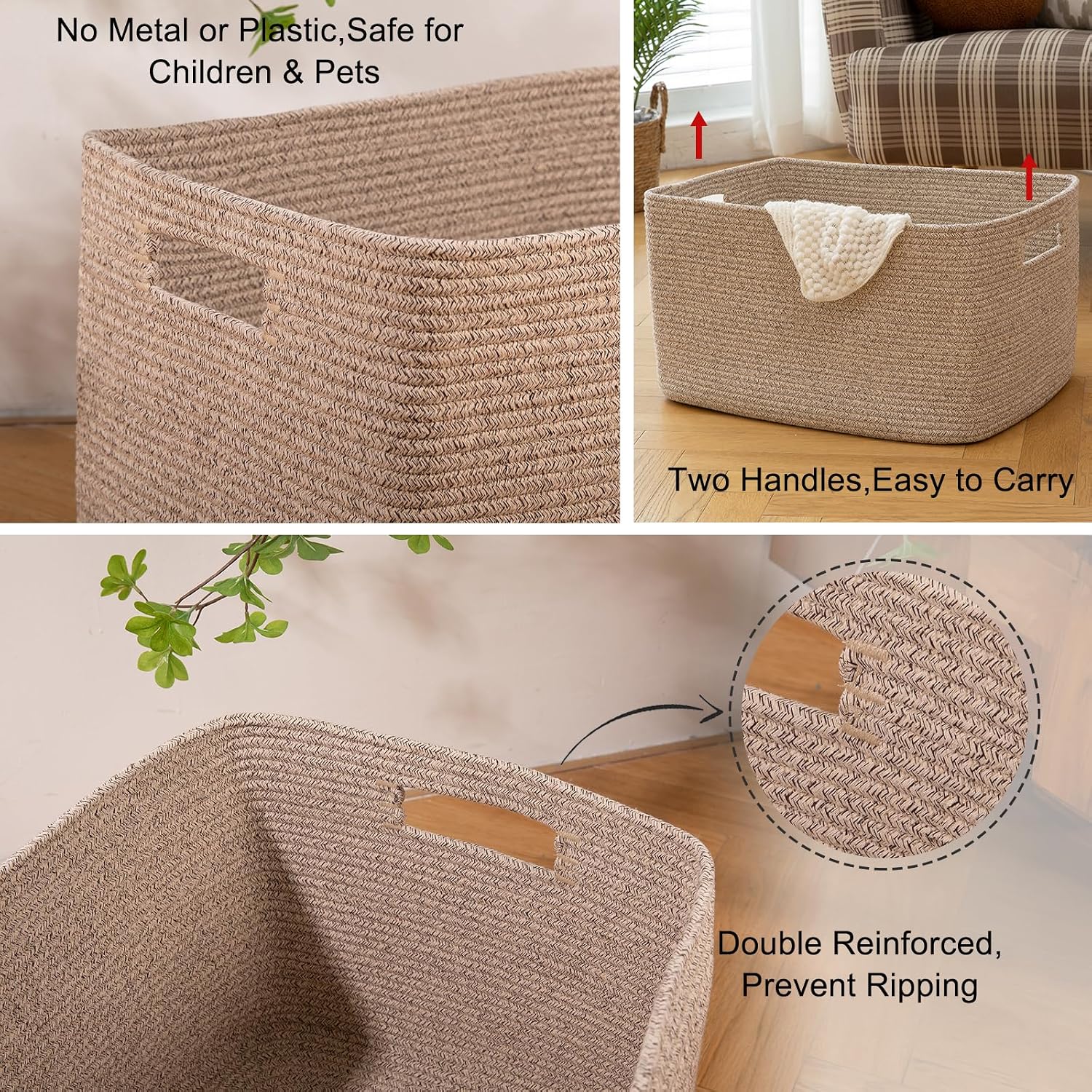OIAHOMY 96L XXXLarge Blanket Basket Woven Cotton Rope Storage Basket Brown