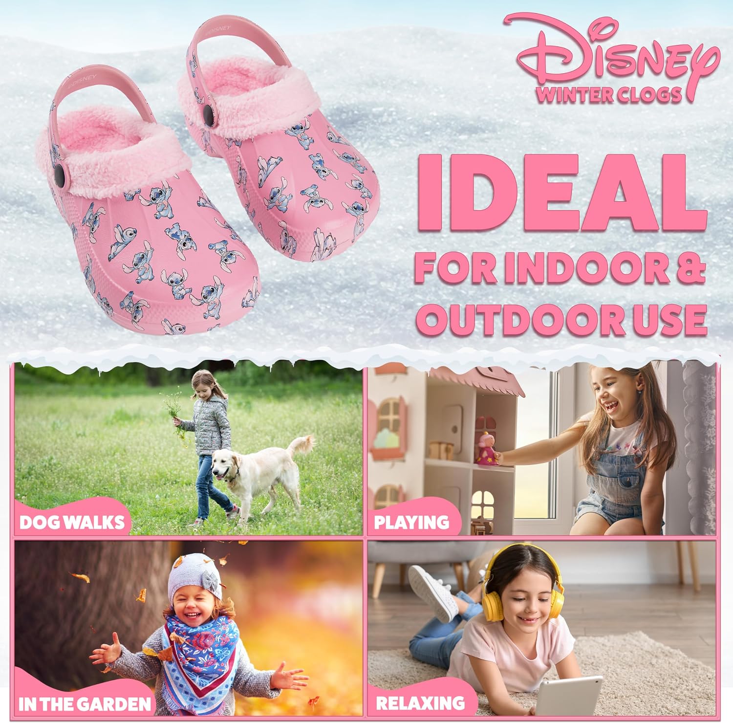 Disney Stitch Clogs for Girls with Fleece Lining, Slip On Shoes, Cozy Indoor, Outdoor Winter Clogs, Cute Gifts for Girls