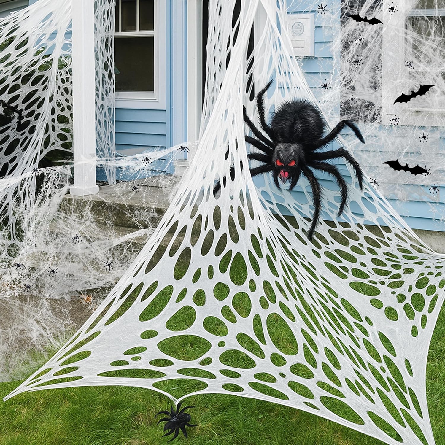 1360 Sqft Cuttable Stretchy Spider Web Halloween Decoration, White Giant Outdoor Beef Netting Halloween Spider Webs, DIY Spooky Gauze Cobweb Fake Spiders Bats for Yard Garden Party Decor (472" x 39")