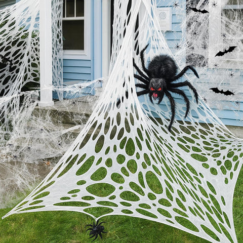 1360 Sqft Cuttable Stretchy Spider Web Halloween Decoration, White Giant Outdoor Beef Netting Halloween Spider Webs, DIY Spooky Gauze Cobweb Fake Spiders Bats for Yard Garden Party Decor (472" x 39")