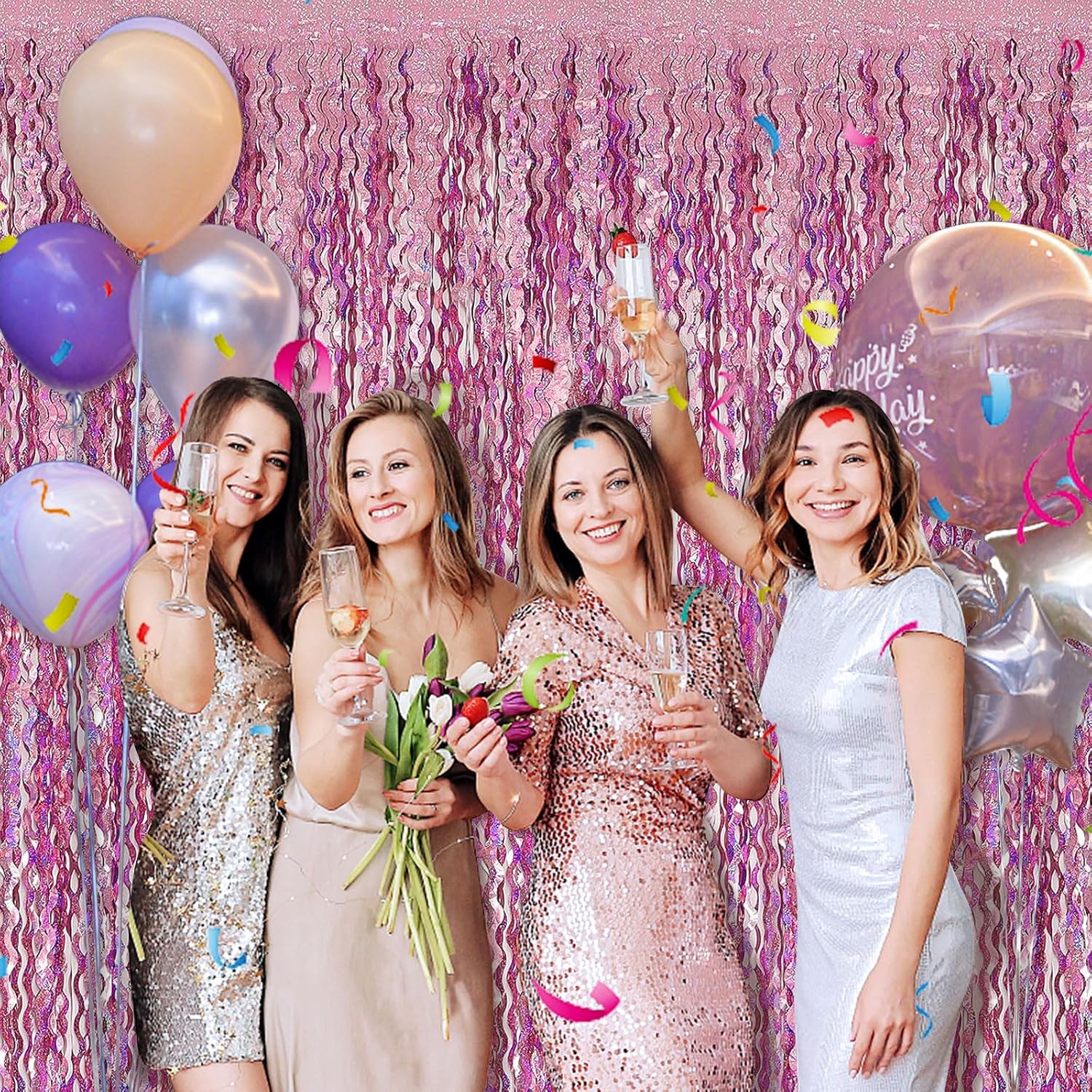 Pink Backdrop Party Decorations Pink Streamers Tinsel Foil Fringe Curtains Wavy Sparkle Metallic Pink Curtain Photo Booth Props for Birthday Wedding Valentines Day Bachelorette Decorations