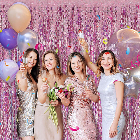 Pink Backdrop Party Decorations Pink Streamers Tinsel Foil Fringe Curtains Wavy Sparkle Metallic Pink Curtain Photo Booth Props for Birthday Wedding Valentines Day Bachelorette Decorations