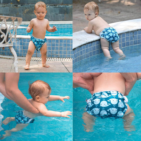 ALVABABY Swim Diapers 2pcs Reusable Baby Boy Swim Diaper 0-8 Months Adjustable Snap Washable Infant Toddler Swimming Diaper for Pool Beach & Swim Lessons – Waterproof PUL Leak-Proof UPF 30+ Small Size