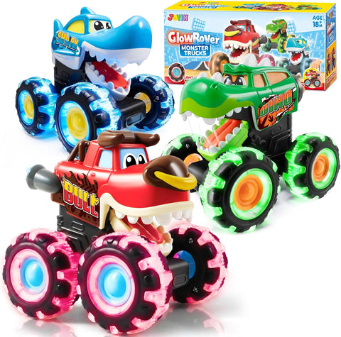 JOYIN 3 Pack Monster Truck Toy - Motion Activated Light Up Cars for Kids - Monster Glow Rover LED Wheels - Kids Boy Toys - Press and Go Dinosaur Trucks for Kids Boy Birthday Gifts
