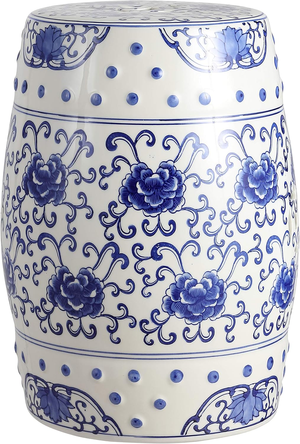JONATHAN Y Lotus Flower Chinoiserie Ceramic Drum Stool 17.75", Blue/White