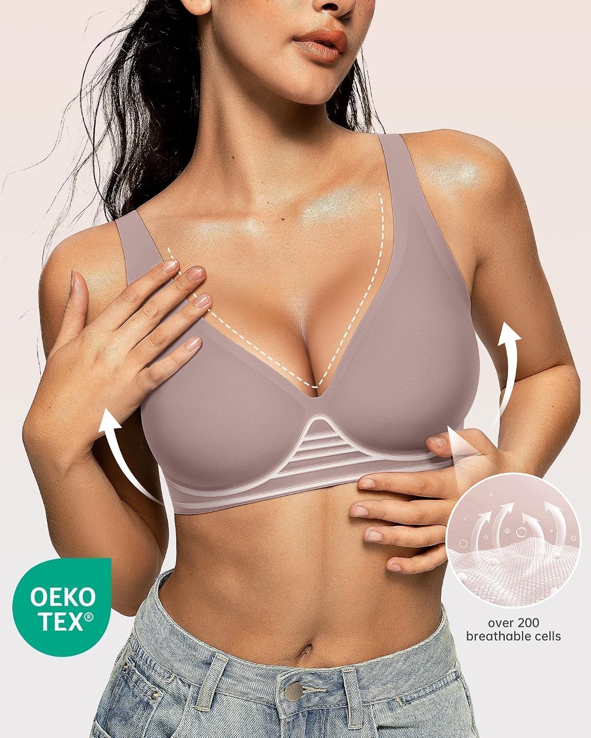 OEAK Womens Jelly Bras Wireless Deep V Comfy Push Up Tshirt Bras M Grey