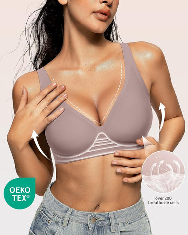OEAK Womens Jelly Bras Wireless Deep V Comfy Push Up Tshirt Bras M Grey