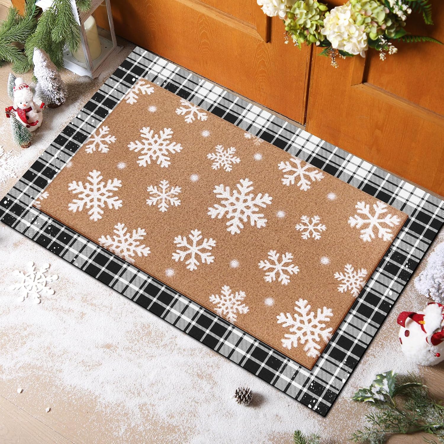 Drydiet Snowflake Plaid Outdoor Front Door Mat Non Slip Porch Entryway