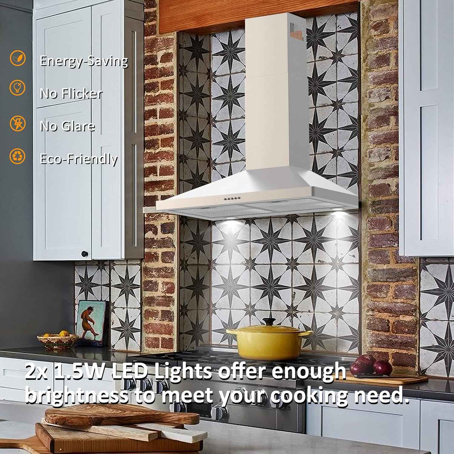 FIREGAS Wall Mount Range Hood 30 inch, 400 CFM Stainless Steel Stove Vent Hood with 3 Speed Exhaust Fan, Ducted/Ductless Convertible Duct kitchen hood, LED Lights, Push Button, Charcoal Filters