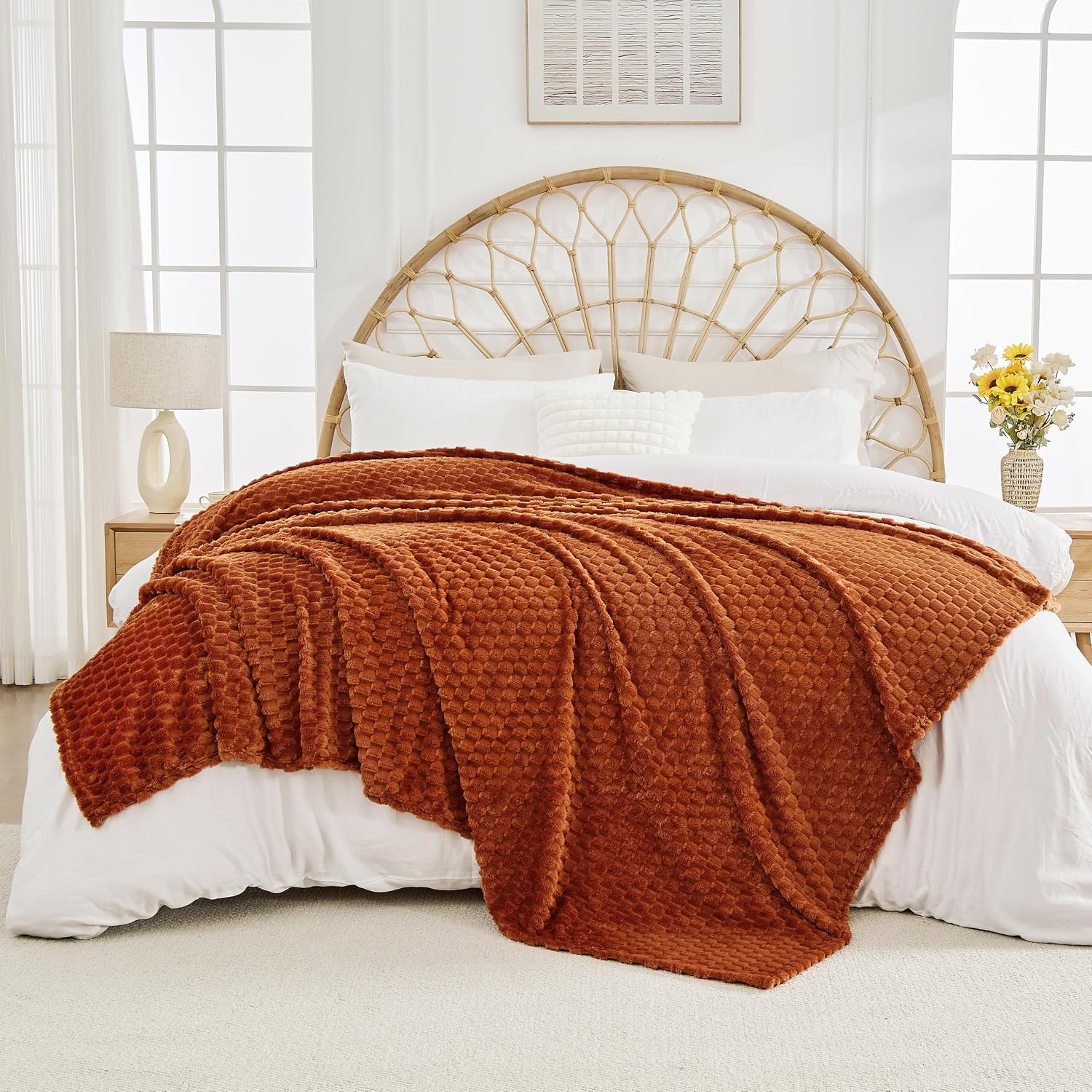 Bnuitland Burnt Orange Flannel Throw Blanket (50X40 inches), 300 GSM Fleece Cozy Warm Soft Lightweight Bed Sofa Blanket for Babys and Pets, Suitable for All Seasons