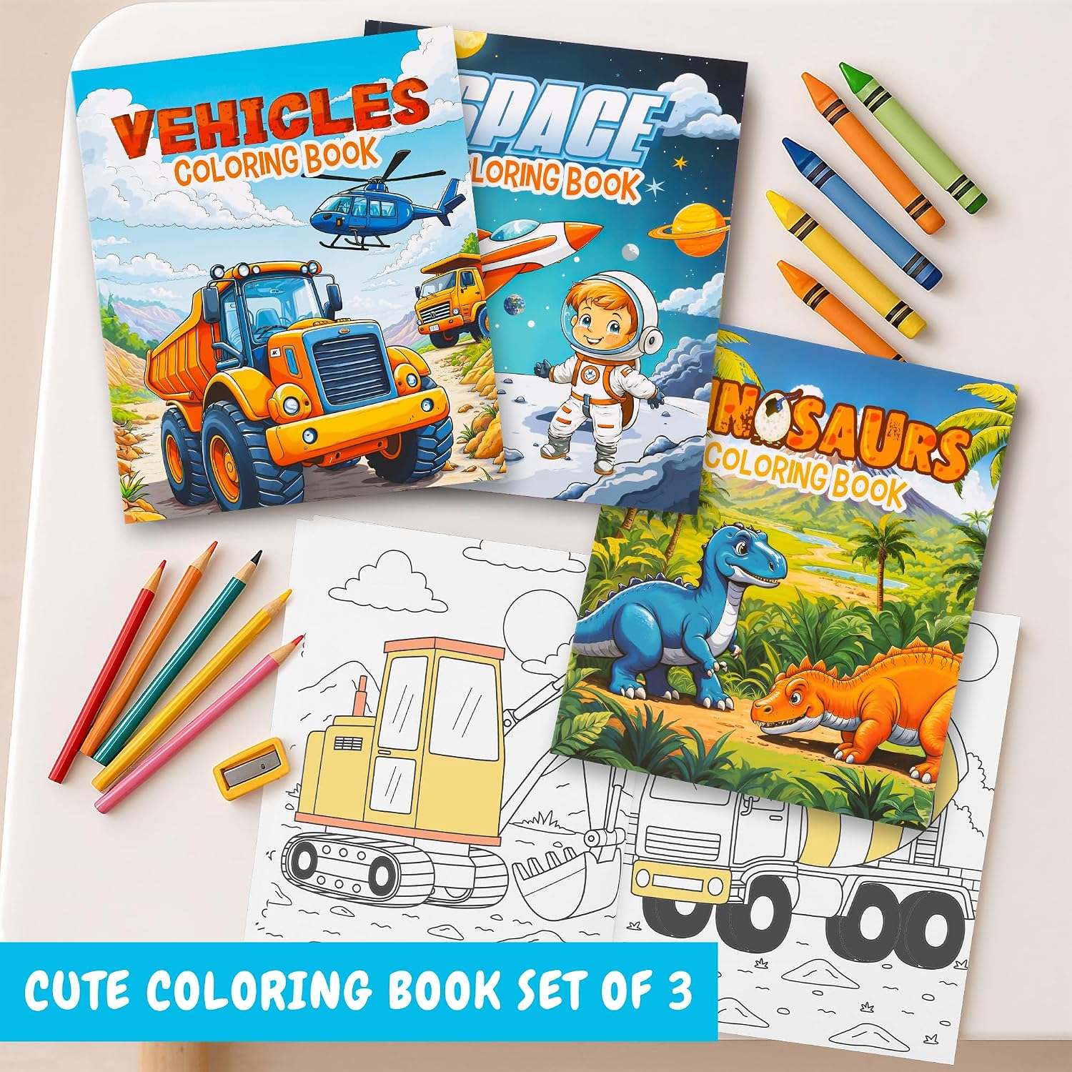 ZICOTO Fun Coloring Books for Kids Set of 3 - Dinosaur, Space & Trucks