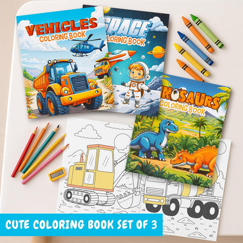 ZICOTO Fun Coloring Books for Kids Set of 3 - Dinosaur, Space & Trucks
