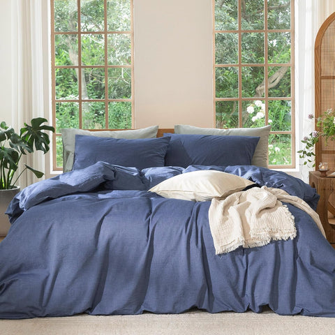 MooMee Duvet Cover Set 100% Washed Cotton Linen Like King