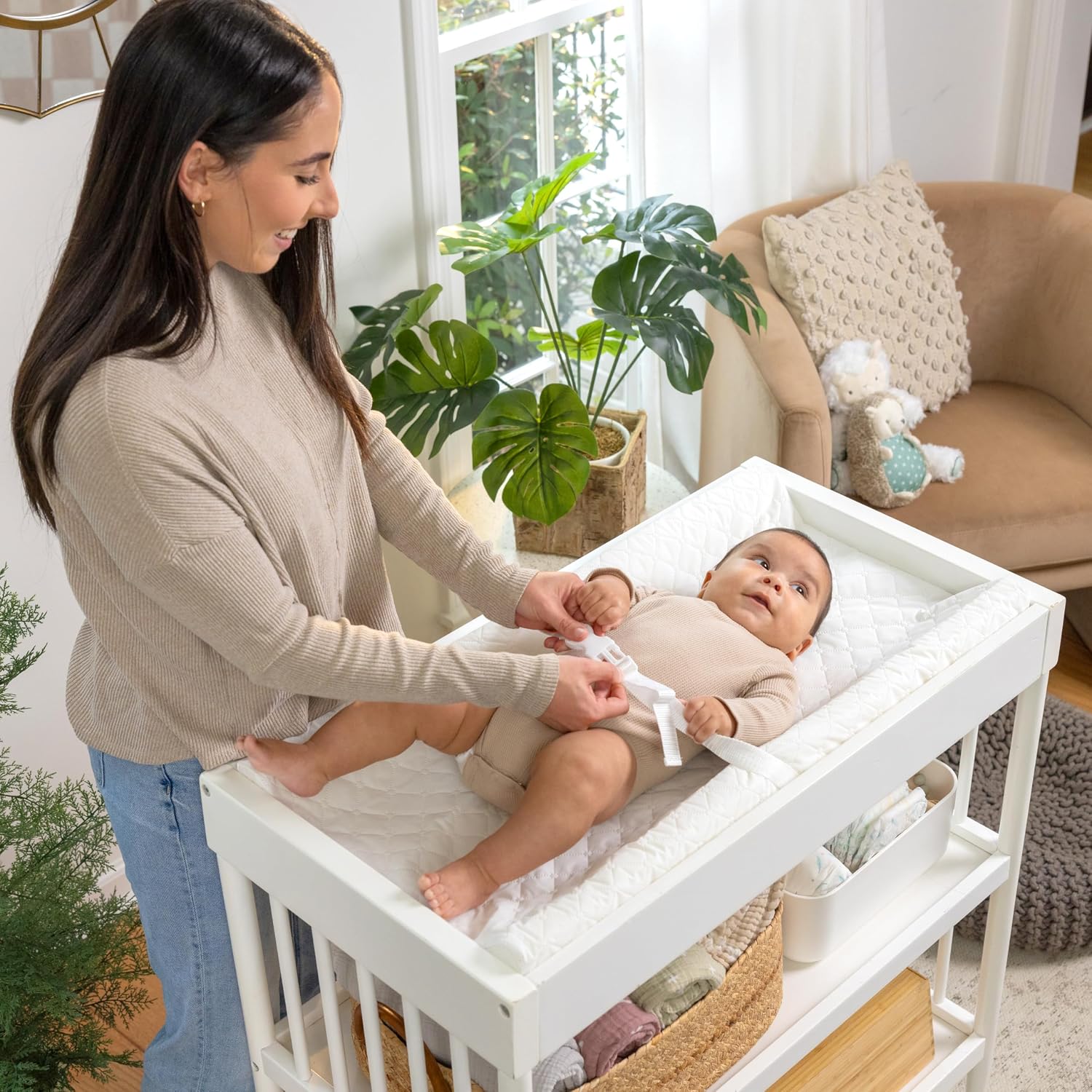 Ingenuity Contoured Changing Pad – Includes Waterproof Changing Liner and Safety Fastening Strap with Quick-Release Buckle