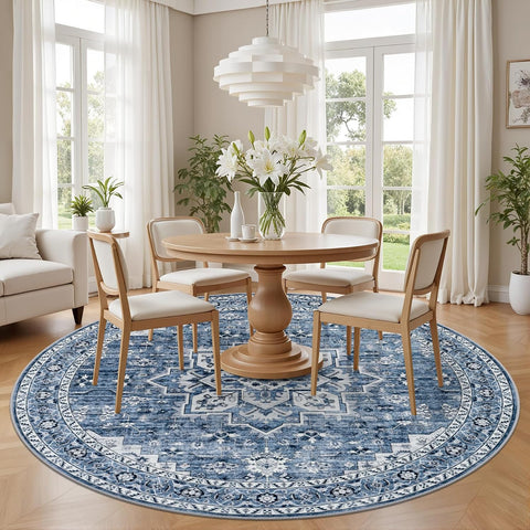 Round Area Rug for Living Room: 6ft Washable Rug for Bedroom Blue