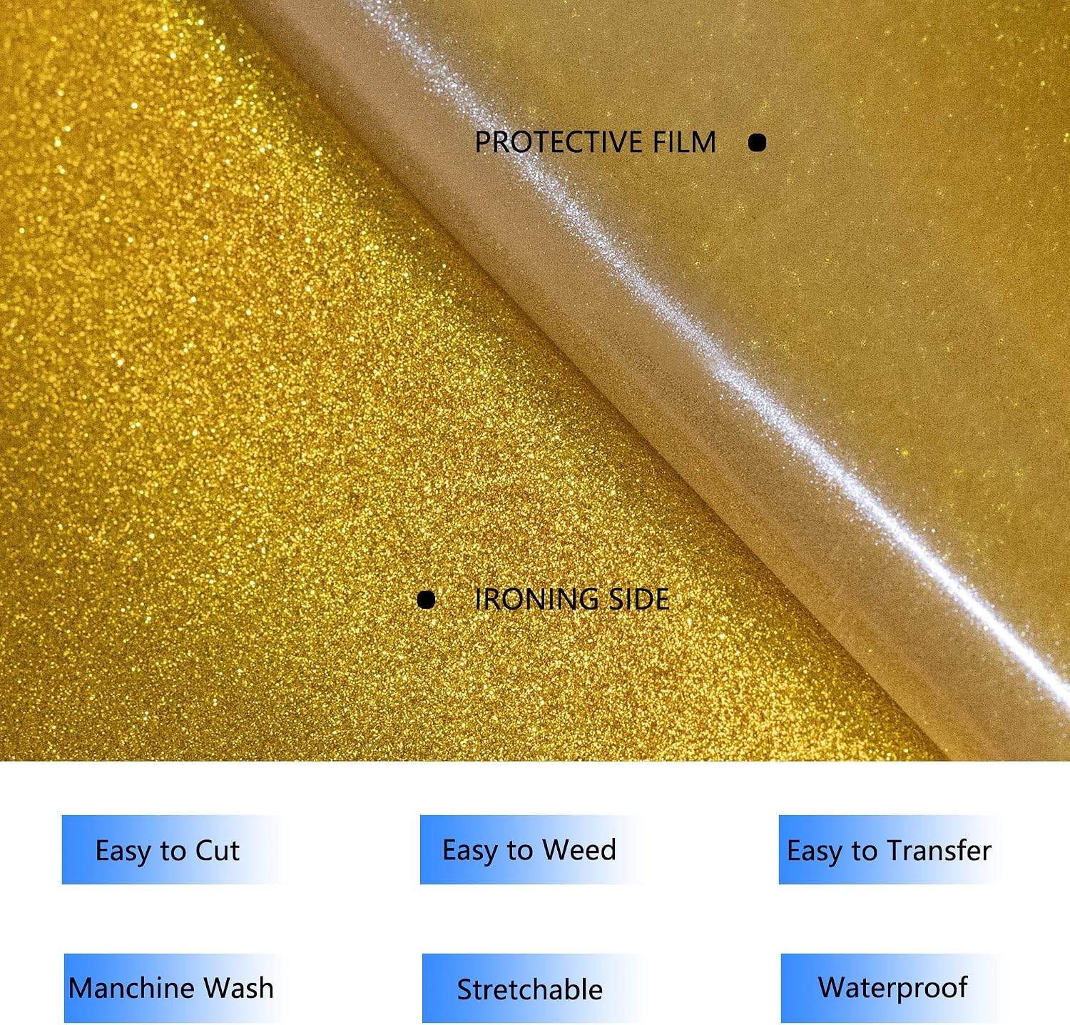 HTVVETUR Glitter HTV Vinyl Rolls Heat Transfer Vinyl - 12" x 9ft Glitter Gold HTV Vinyl for Shirts, Iron on Vinyl for Cameo - Easy to Cut & Weed for Heat Vinyl Design (J006 Glitter Golden-9ft)