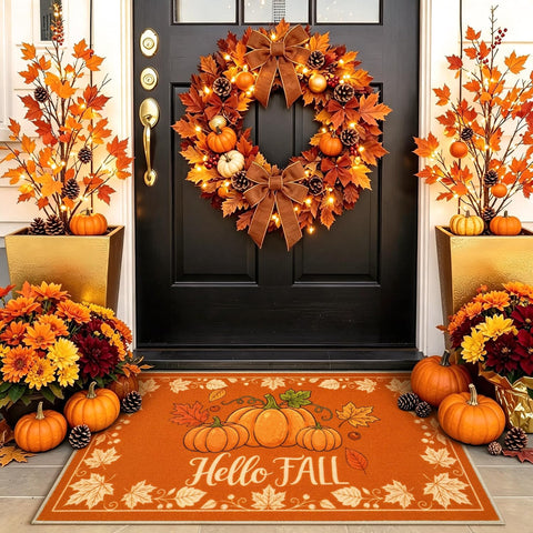 Fall Front Door Mat 2'x3', Hello Pumpkin Welcome Mat for Porch Rugs