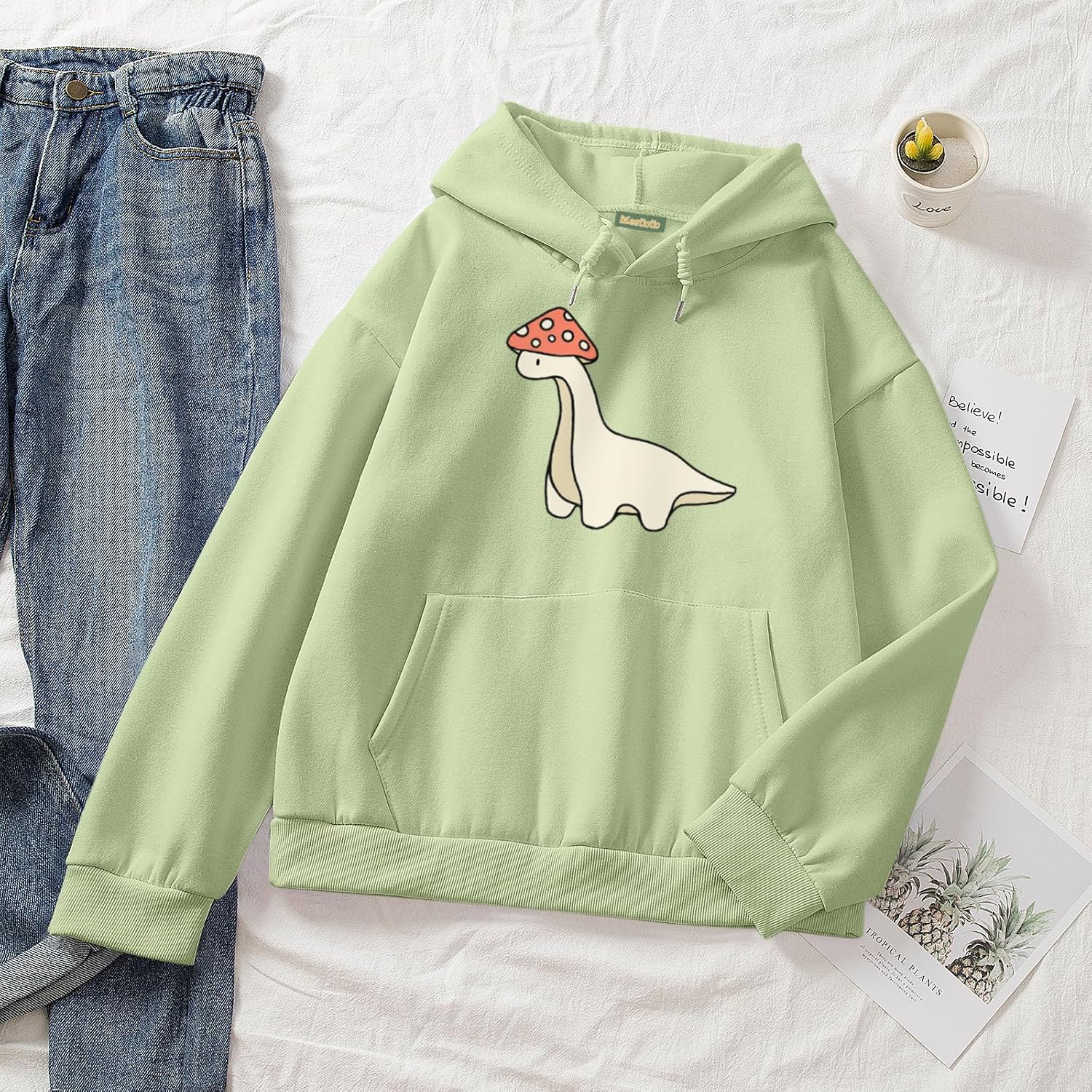 Oversized Cute Mushroom Dino Print Hoodies for Womens Kawaii Cartoon Sweatshirt Teen Cotton Fleece Sweaters