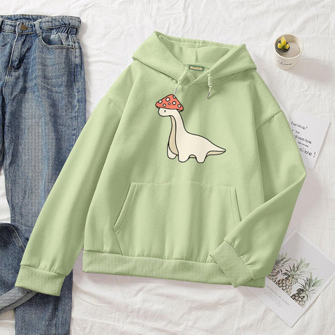 Oversized Cute Mushroom Dino Print Hoodies for Womens Kawaii Cartoon Sweatshirt Teen Cotton Fleece Sweaters