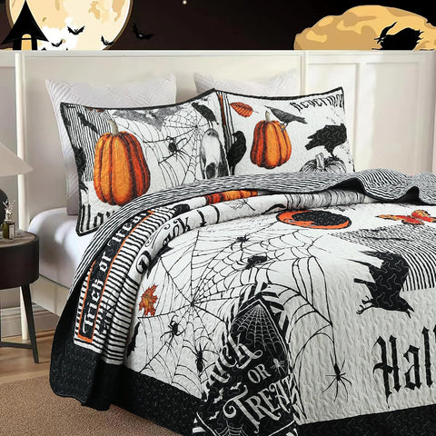 3 Pcs Halloween Pumpkin Quilt Bedspread Set (Halloween, King)