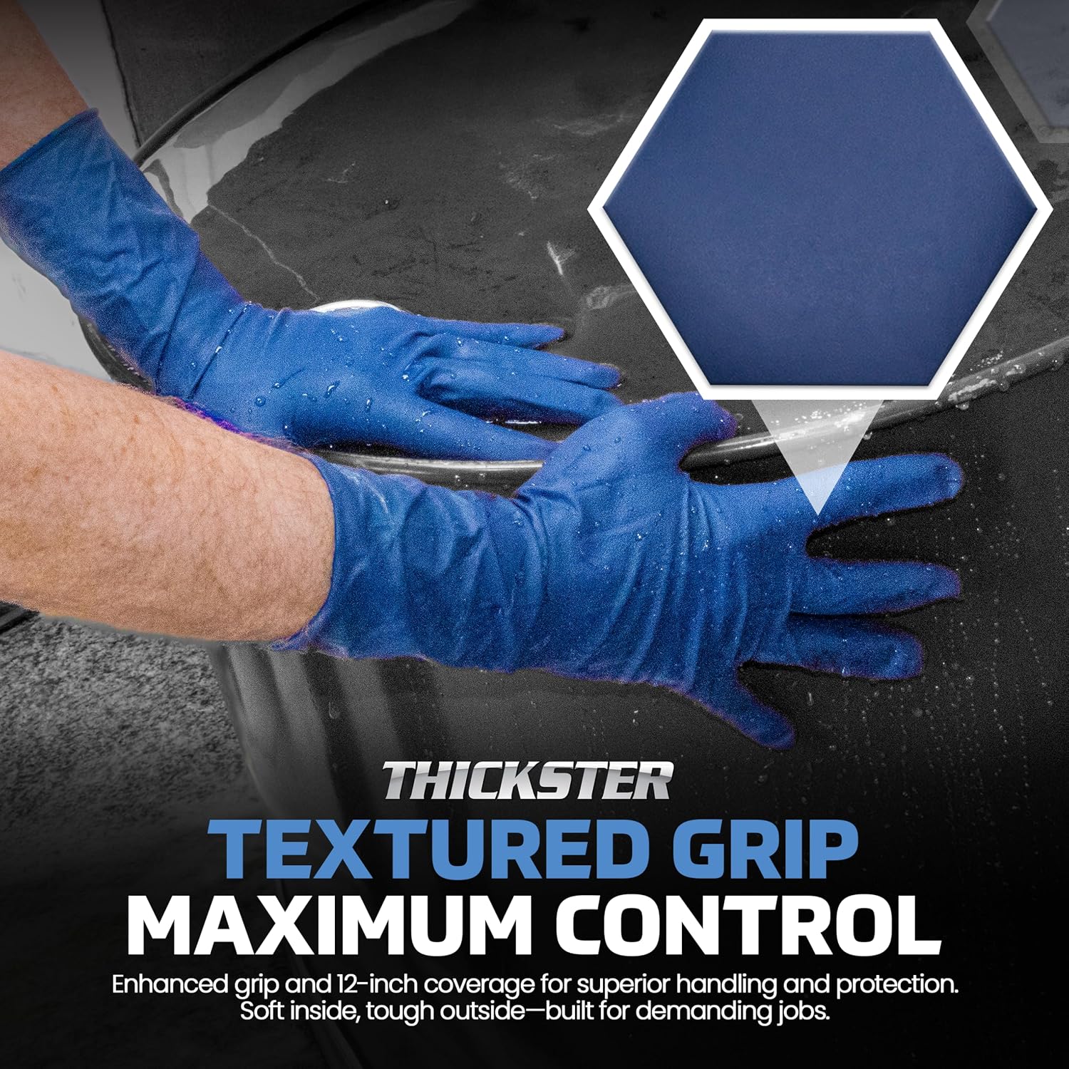 Thickster Powder-Free Exam Grade Latex Disposable Gloves. Blue, 14 mil Thickness, 12" Length. Single Use. Pack of 50.
