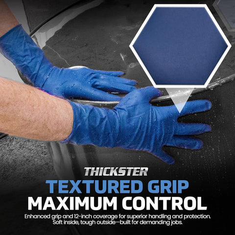 Thickster Powder-Free Exam Grade Latex Disposable Gloves. Blue, 14 mil Thickness, 12" Length. Single Use. Pack of 50.