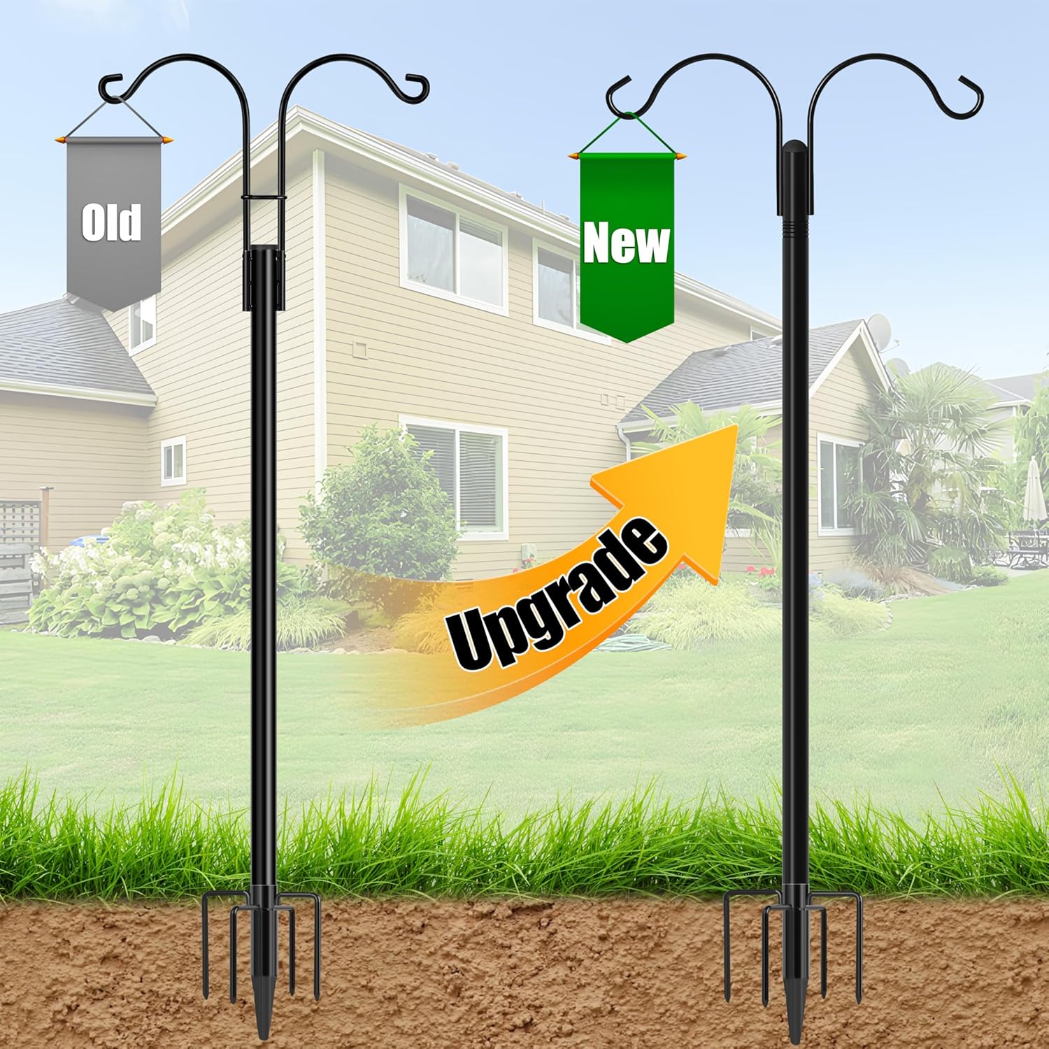 XDW-GIFTS Double Shepherds Hooks for Outdoor, 2-Pack Heavy Duty Garden Pole for Hanging Bird Feeder, Plant Baskets, Solar Light Lanterns, Garden Plant Hanger Stands with 5 Base Prongs