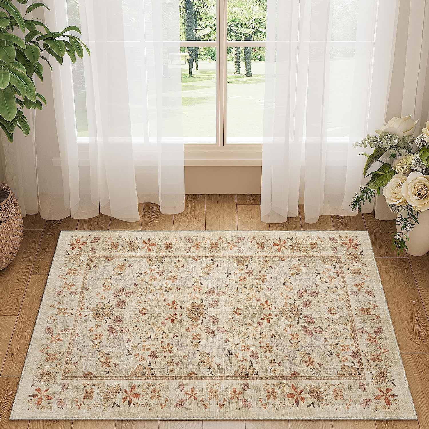 DUKINO 2x3 Entryway Rug, Washable Vintage Floral Area Rug, Beige