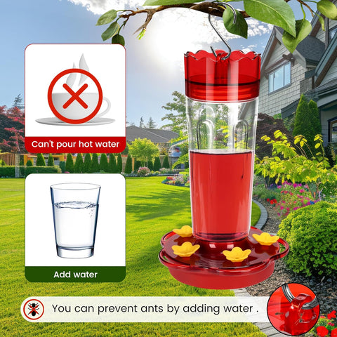 2 Pack Plastic Hummingbird Feeders for Outdoors Hanging Ant and Bee Proof,15 Ounces Red Hummingbird Feeder with 5 Feeding Ports and Perches, Built-in Ant Moat, Outside Garden Décor (Plastic, 2)