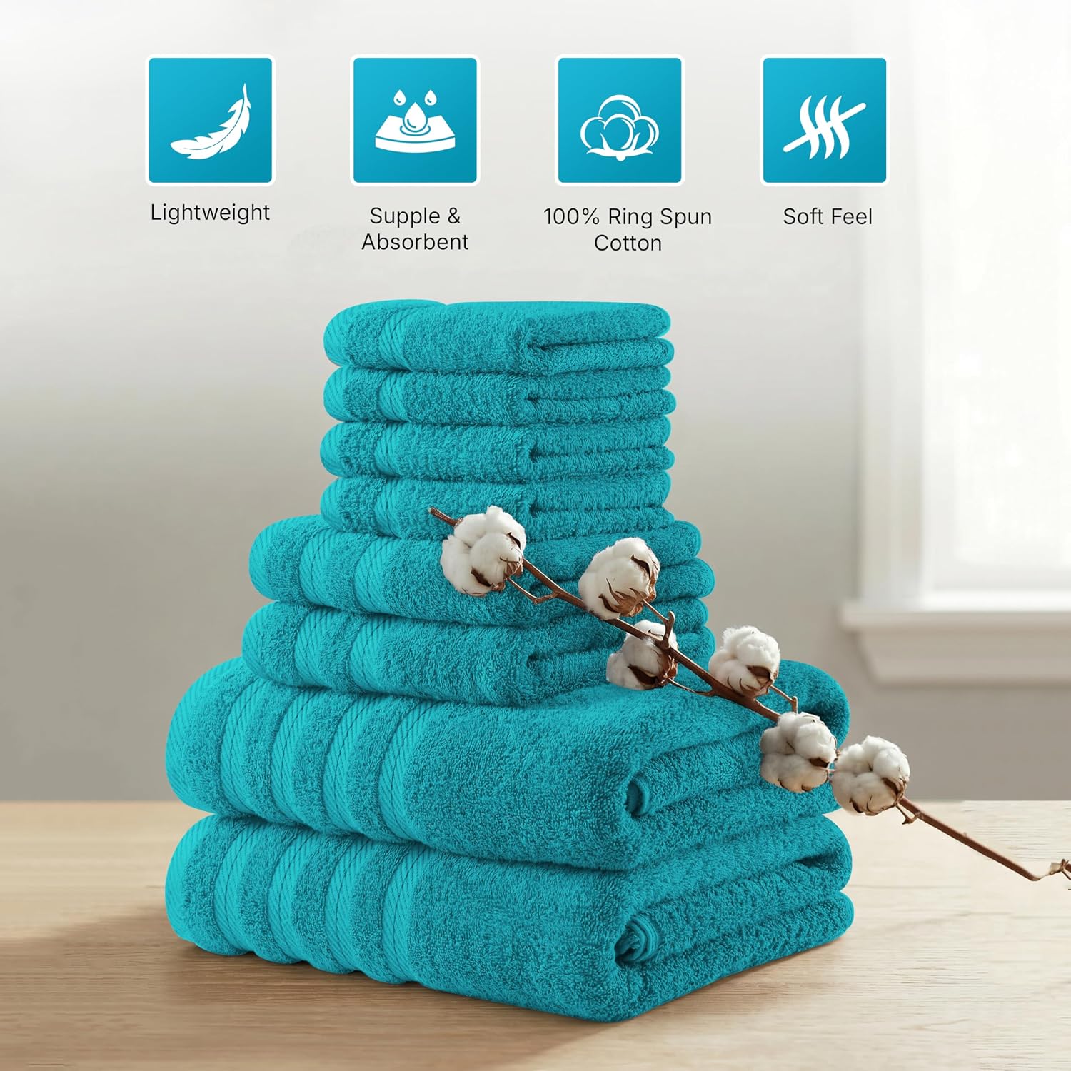 Utopia Towels 8 Pack Towel Set, 2 Bath, 2 Hand, 4 Wash Cloth, Teal