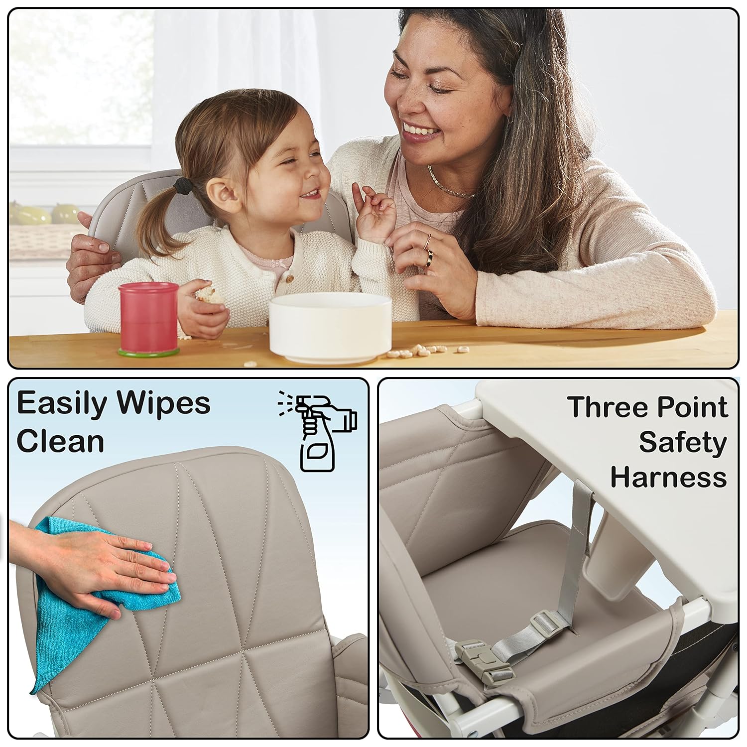 Primo PopUp Folding High Chair for Baby Age 6 to 36 Months - Taupe Folding Beach Style High Chair with Removable Dishwasher Safe Tray, 3pt Safety Harness, Leatherette Seat - Space Saving Design