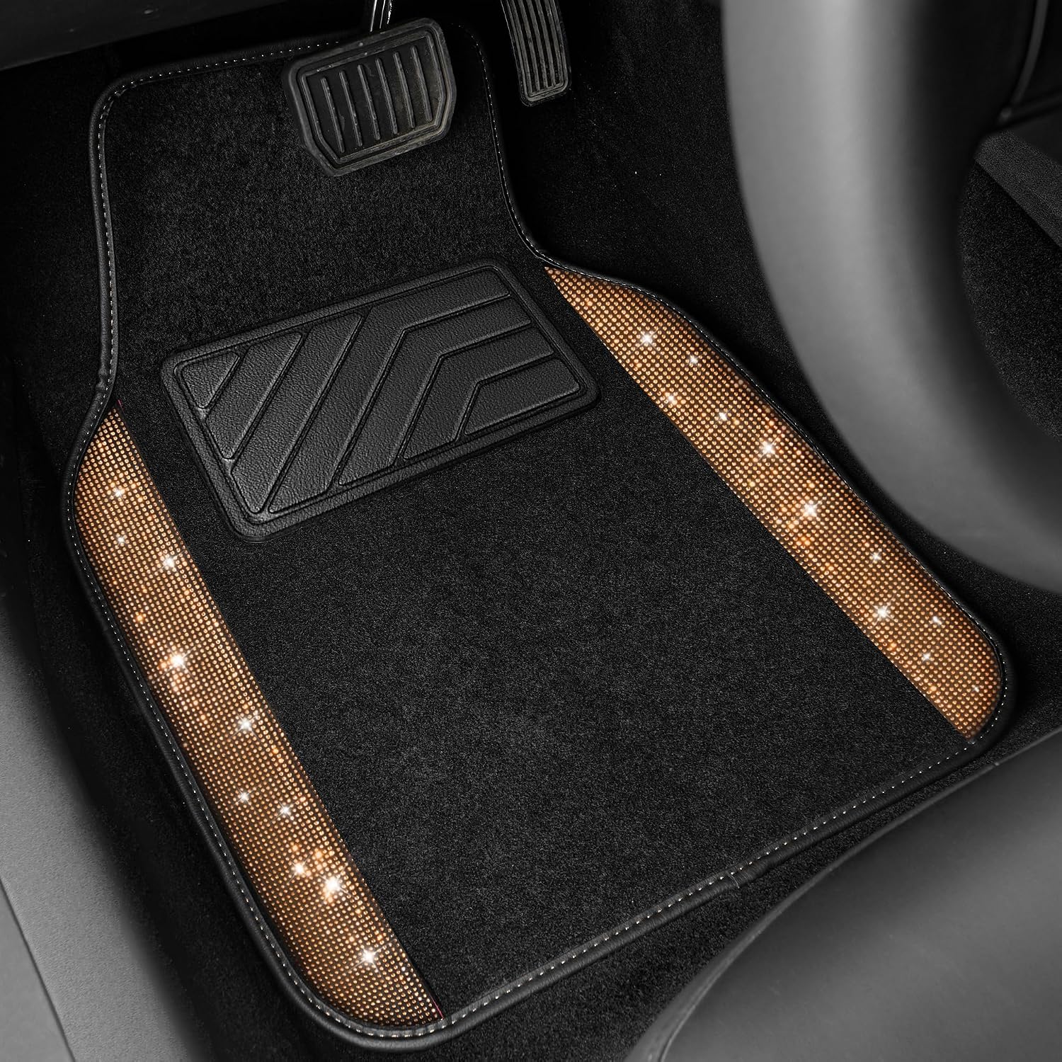 CAR PASS Bling Diamond Car Floor Mats, Shining Rhinestone Carpet Sparkly Glitter Crystal with Anti-Slip PVC Heel Pad Waterproof Universal Fit Automotive SUV,Sedan,Van,Cute Girl Women,4pcs Golden