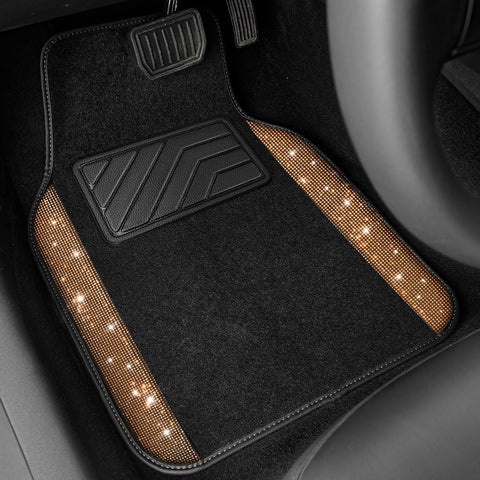 CAR PASS Bling Diamond Car Floor Mats, Shining Rhinestone Carpet Sparkly Glitter Crystal with Anti-Slip PVC Heel Pad Waterproof Universal Fit Automotive SUV,Sedan,Van,Cute Girl Women,4pcs Golden