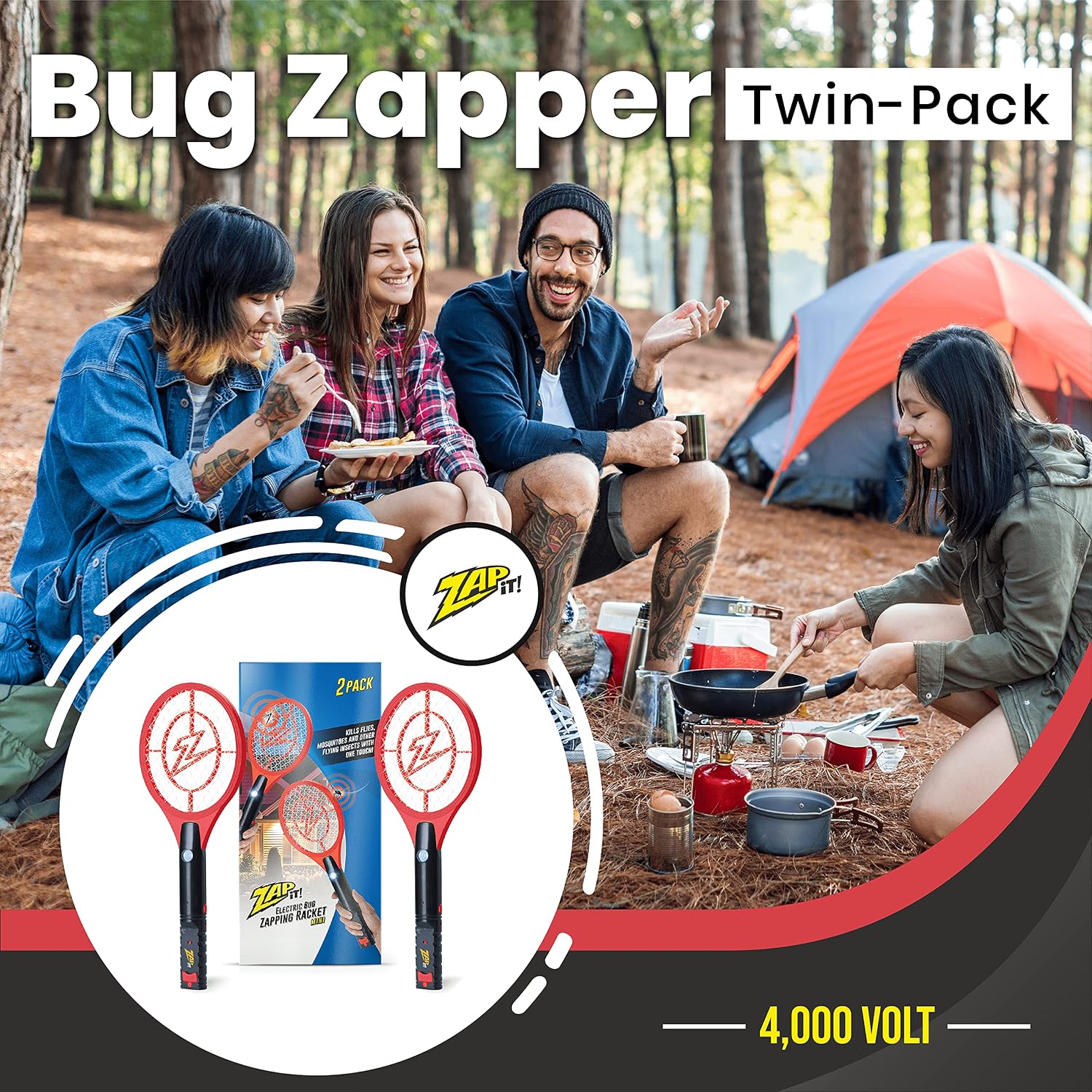 ZAP IT! Rechargeable Electric Fly Swatter Racket - 4,000-Volt Mosquito Zapper with USB Charging Cable and LED Light -Small- Safe 3-Layer Mesh, Red, 2-Pack, Bug Zapper Racquet for Indoors and Outdoors