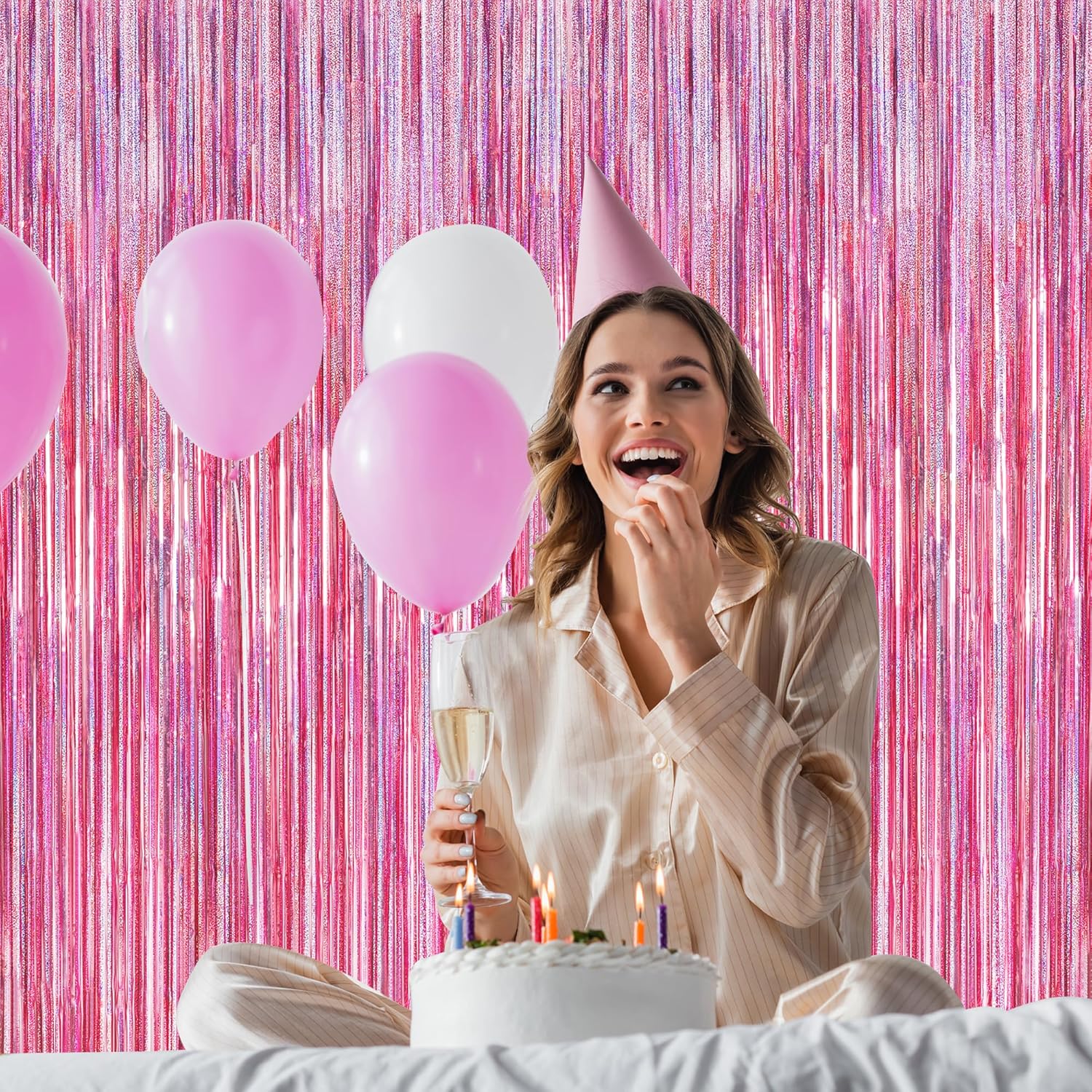 2 Pack Glitter Pink Backdrop, 3.28 FT x 7.05 FT Birthday Party Decorations, Laser Pink Fringe Curtains Foil Streamer Tinsel, Pink Curtains Photo Backdrop Happy Birthday Valentines Day Backdrop