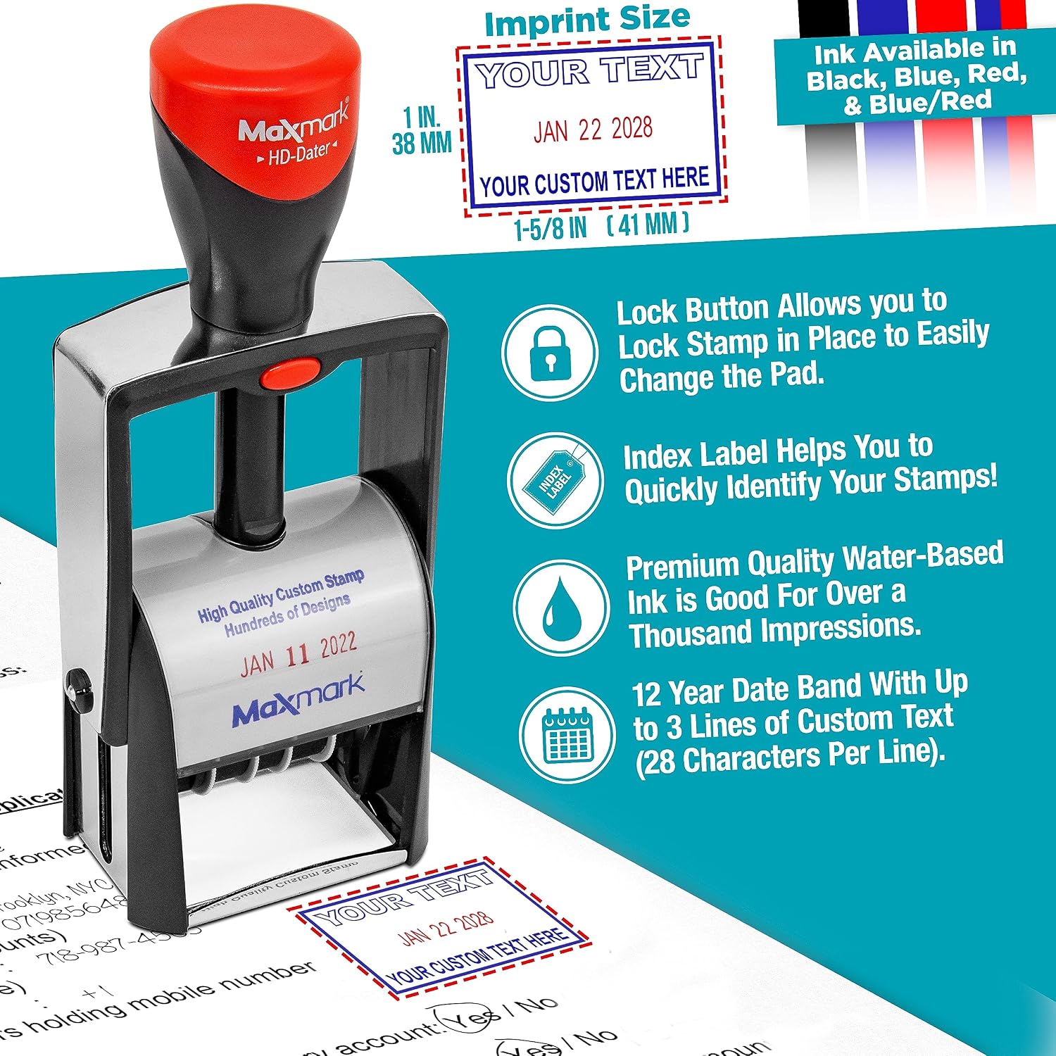 MaxMark Heavy Duty Self Inking Date Stamp with Phrase Approved - Red Ink
