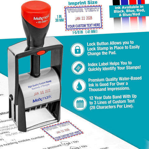 MaxMark Heavy Duty Self Inking Date Stamp with Phrase Approved - Red Ink