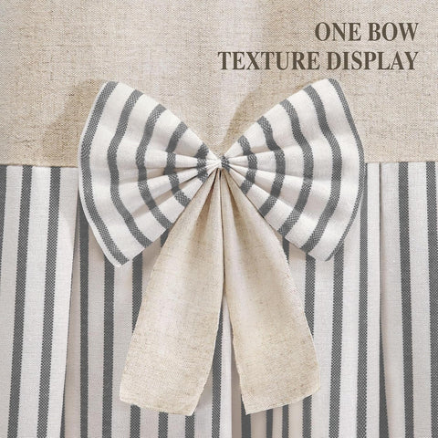 Farmhouse Shower Curtain Linen Bow Pleated Grey Stripe 72"W x 72"L