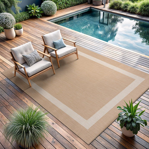 CAMILSON Outdoor Rug 5x7, Modern Outside Rugs for Patios Porches Waterproof Durable Washable Non-Shedding, Easy-to-Clean Indoor Outdoor Area Carpet (5 x 7, Bordered - Beige/White)