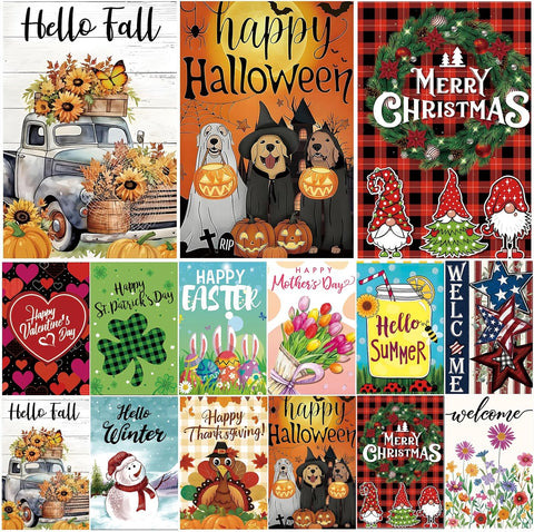 Seasonal Garden Flags Set of 12, Double Sided 12x18 Inch Yard Flags