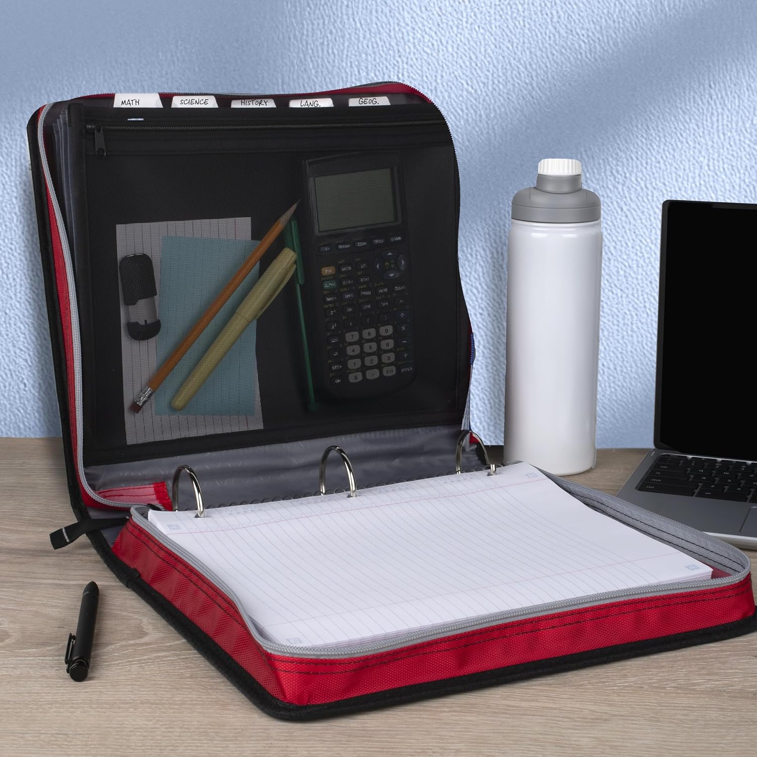 Five Star Zipper Binder 2 Inch O-Rings Case Organiser with Expansion Panel and 5-Tab Expanding File Folder, 580 Sheet Capacity, Crimson Fade (290520K)