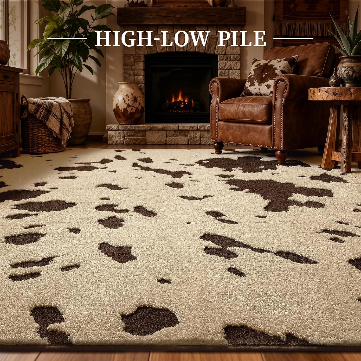 YIHOUSE Cowhide Entryway Rugs 3x5 Ft, Washable Plush Soft Brown and Cream Cow Rug, Non-Slip High-Low Pile Animal Small Area Carpet for Bedside, Living Room, Door Entrance, Home Decor