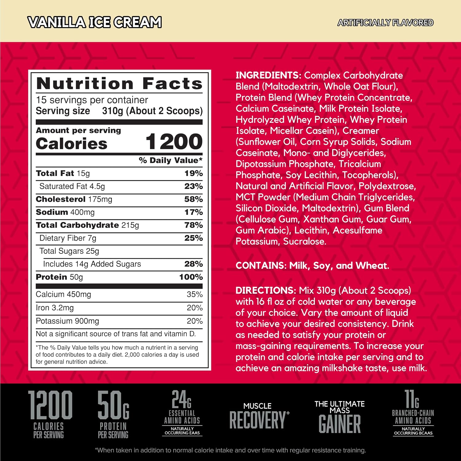 BSN True-Mass Weight Gainer, 4:1 Ratio, Vanilla Ice Cream, 15 Servings