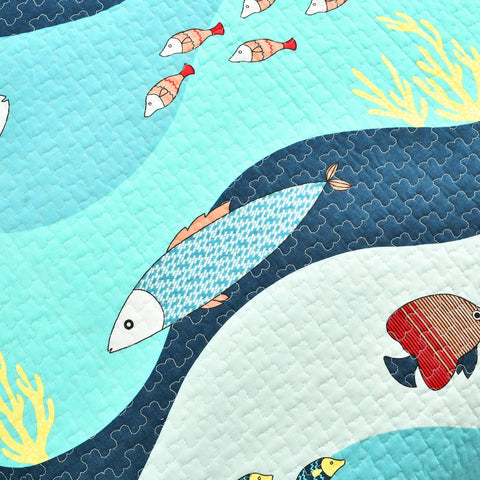 Lush Decor Sea Life Reversible Cotton Quilt Twin Size 3 Piece Set Blue - Kids Bedding Set Twin Quilt Blue - Coastal Bedroom Decor - Beach House