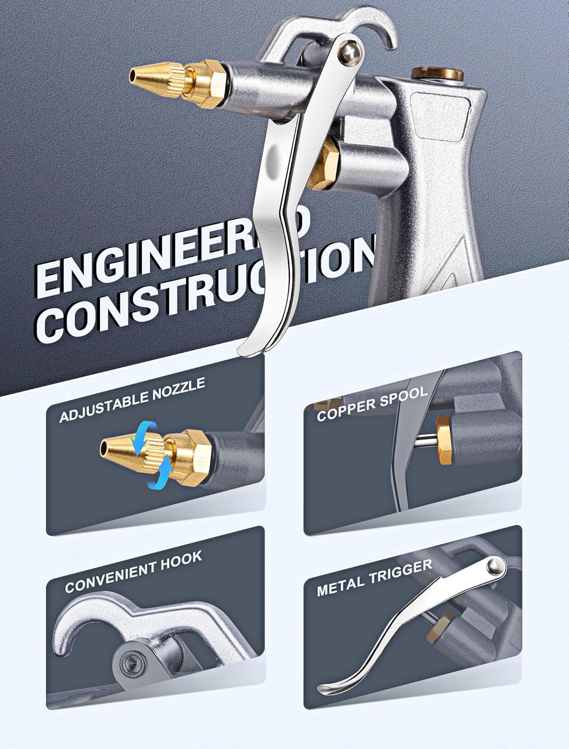 JASTIND Industrial Air Blow Gun with Brass Adjustable Air Flow Nozzle Kit