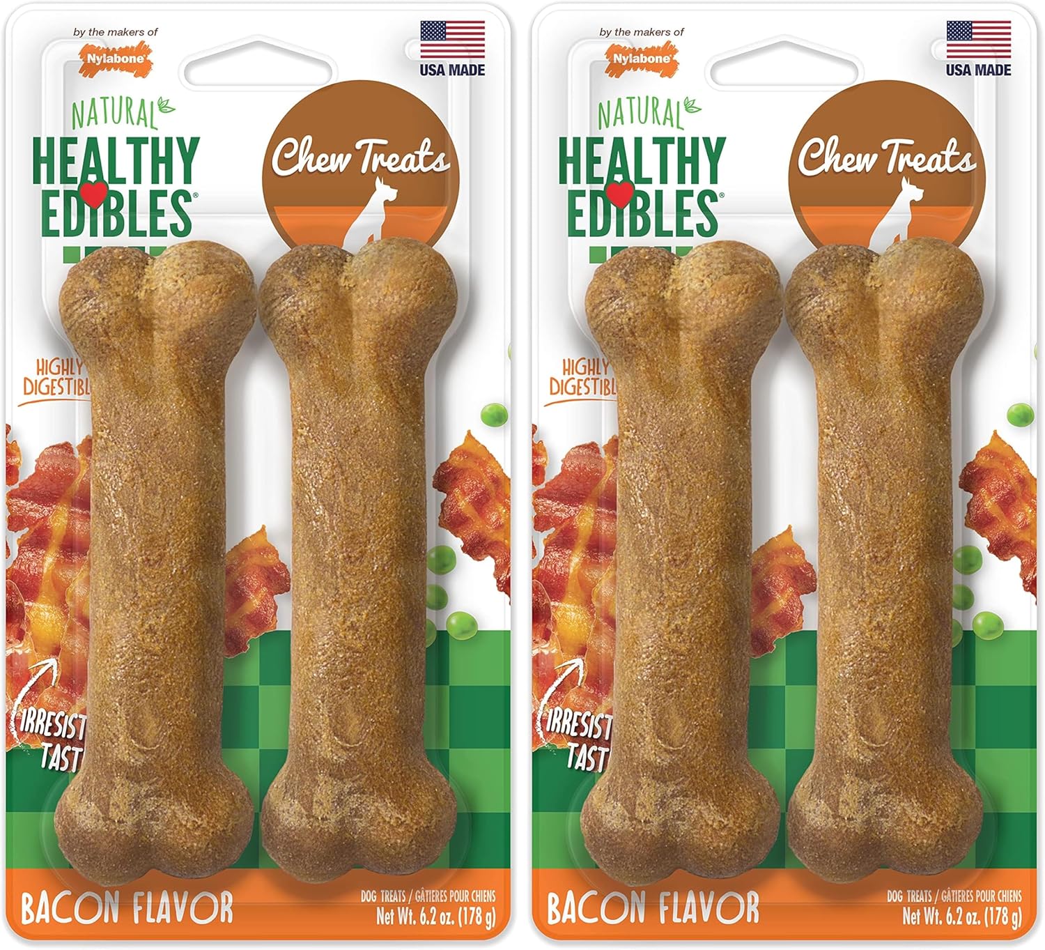 Nylabone Healthy Edibles Natural Dog Chews, Long Lasting Bones for Dogs, Bacon Flavor Dog Treats, Medium (2 Count) (Pack of 2)