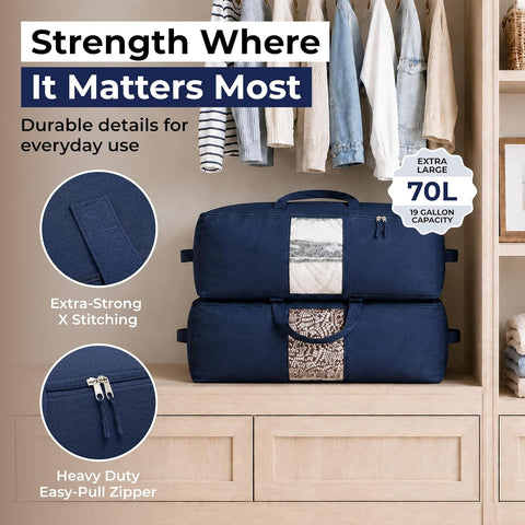 Soft Canvas Storage Bags with Zipper. Thick Breathable, 2pc King/Queen Comforter Organizer. Four Carrying Handles and Window. Large 25x19x9in Bag for Sheets Blankets Bedding Pillows, Clothes (Blue)