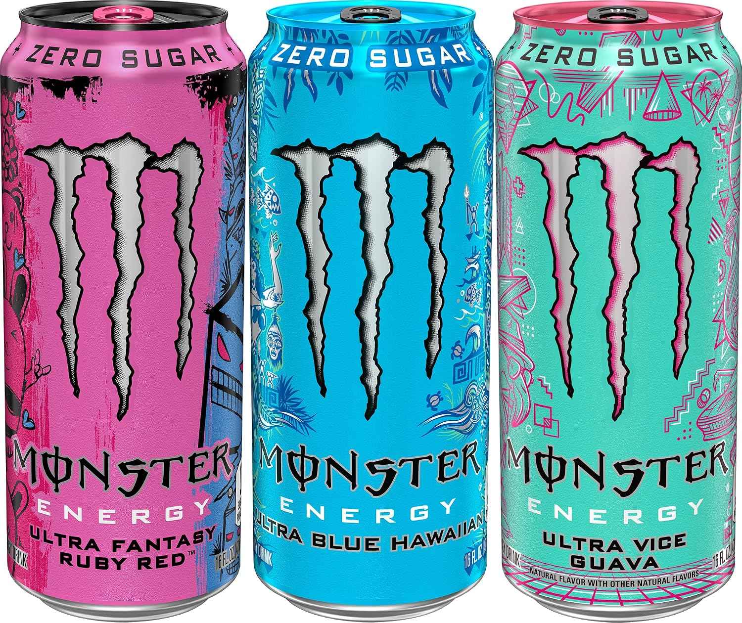 Monster Energy Ultra Variety Pack, Blue Hawaiian, Vice Guava, Fantasy Ruby Red, Sugar Free Energy Drink, 16 Ounce Can (Pack of 15)